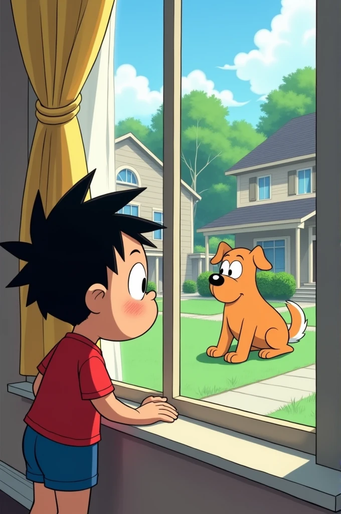 Create a image of Shinchan spots a new neighbor's large dog through the window. He decides to make friends with the dog.