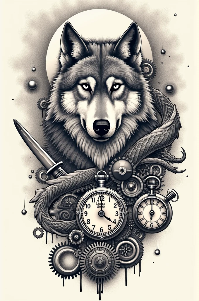 Tatouage Loup +lune +mont fuji+dragon avec katana+rose des vents+montre a gousset+etrier de frein de voiture de sport avec sa jante+shaker et cocktail+never give up +tout les element relié par des engrenage steampunk