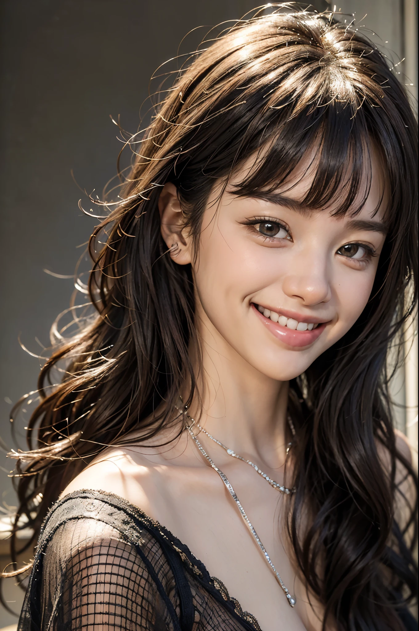 Highest quality, masterpiece, Ultra-high resolution,4K (Realistic:1.6), (Close-up portrait) RAW Photos, 1 girl,2,Big Necklace,((I'm smiling with my mouth open:1.8)),((Jet black dress)),((Big smile:1.8)),((look up)),((Random cute poses)),,((Cherry-colored hair girl )),((Short bangs)),