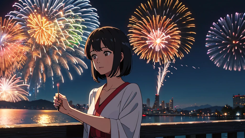(masterpiece:1.4), (Highest quality:1.4), Very detailed, Complex, Super detailed, night、firework、Woman looking up、4K、8k