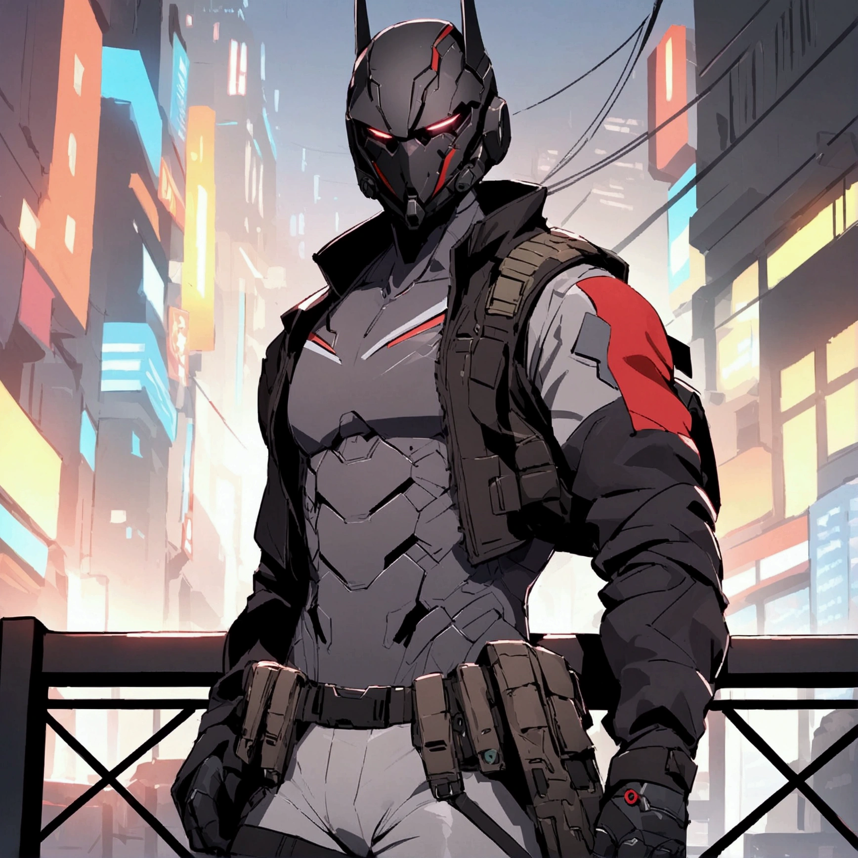 high detailed, Male, full-face helmet. matte black helmet with a smooth, curved surface, plain helmet, grey bodysuit tight shirt. webbing rig, grey cargo pants, V shaped lenses. Black Jacket, Black and red jacket, Open jacket. Halfbody view, mercenary, black jacket, cyberpunk, tactical soldier, webbing rig, Cyberpunk, tactical gear, cyberpunk, Male, Man, Masculine man, Deathstroke helmet