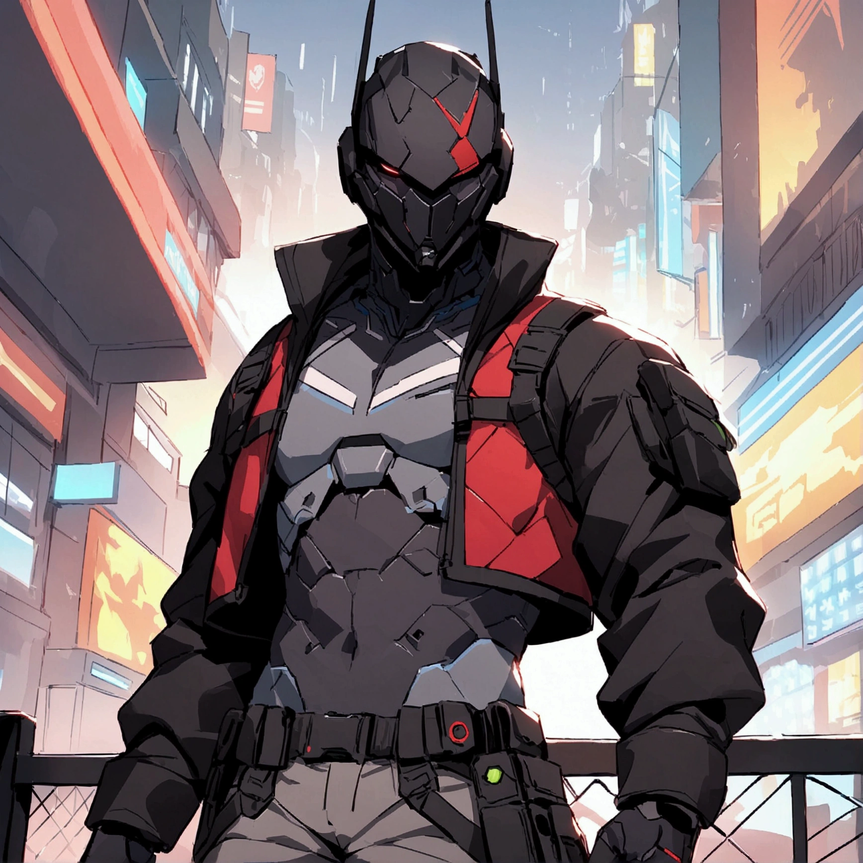 high detailed, Male, full-face helmet. matte black helmet with a smooth, curved surface, plain helmet, grey bodysuit tight shirt. webbing rig, grey cargo pants, V shaped lenses. Black Jacket, Black and red jacket, Open jacket. Halfbody view, mercenary, black jacket, cyberpunk, tactical soldier, webbing rig, Cyberpunk, tactical gear, cyberpunk, Male, Man, Masculine man, Deathstroke helmet