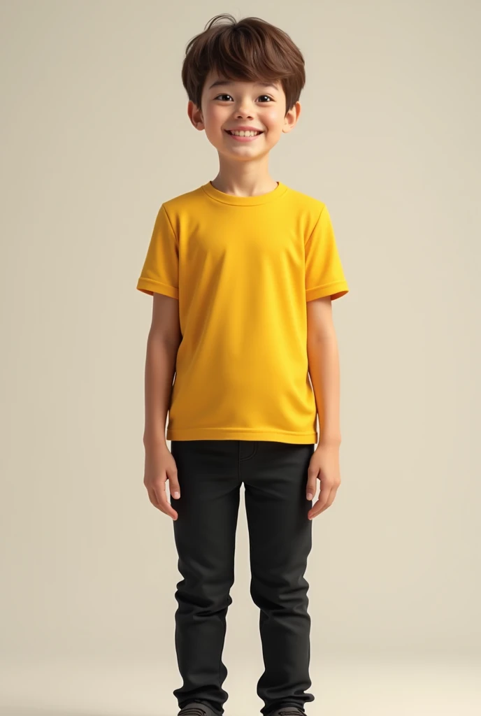 Create an image in which a boy is standing and he is wearing a yellow coloured t-shirt and black coloured pants.