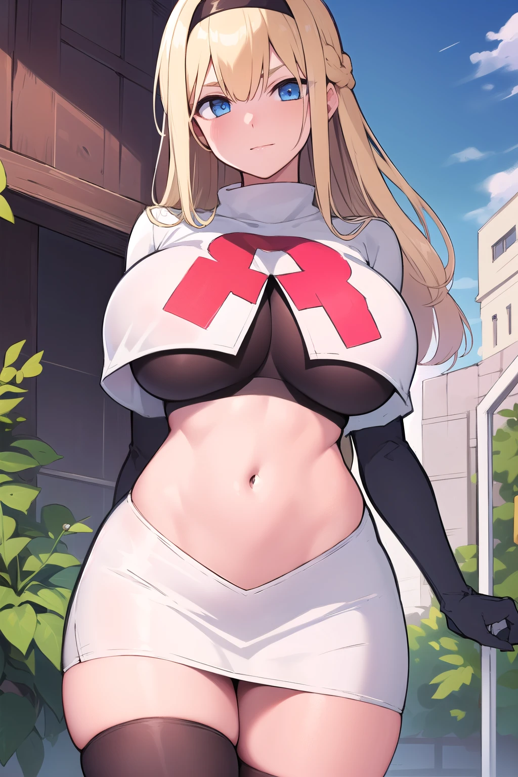 masterpiece, best quality,simple eyes,outdoors,1girl,north carolina,bangs, blonde_hair, blue_eyes,large breasts, eyebrows_visible_through_hair, hairband, long_hair, long_sleeves, looking_at_viewer, team rocket,team rocket uniform,white skirt,red letter R,crop top,black thigh-highs,black elbow gloves