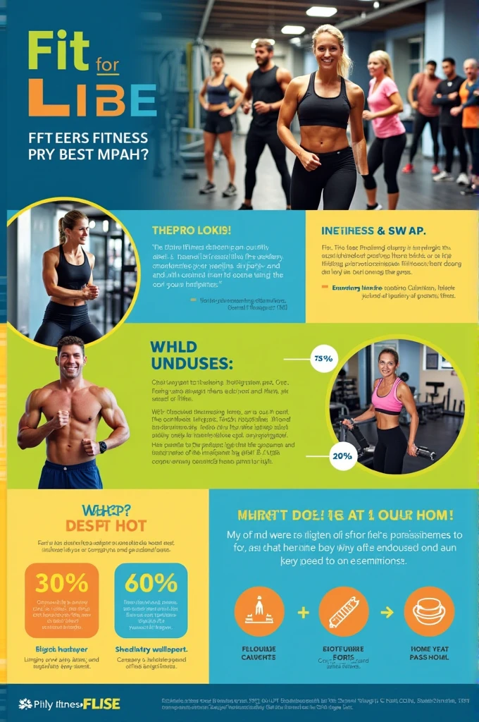 generate a campaign photo infographic for FIT FOR LIFE the color is blue, yellow, green and orange it should the background is gym