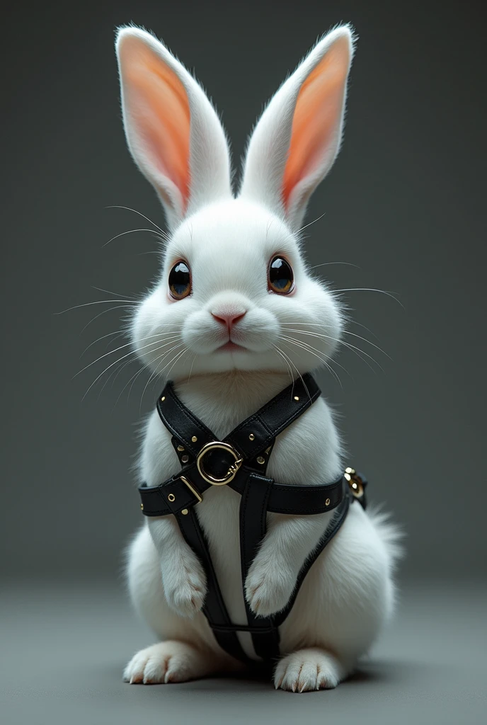 Realistic photo of a white bunny from the figures of ( silverian families) dressed in black sadomasochistic straps