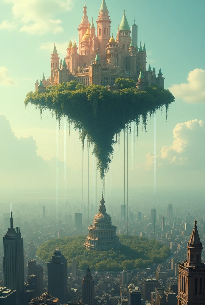One structure is floating above another, The first is held by a thread. The floating structure means what is said about the city, with all the virtues and qualities that people say and on the other hand the city below represents what is seen, What the city is really like, a faded city, without grace or character.