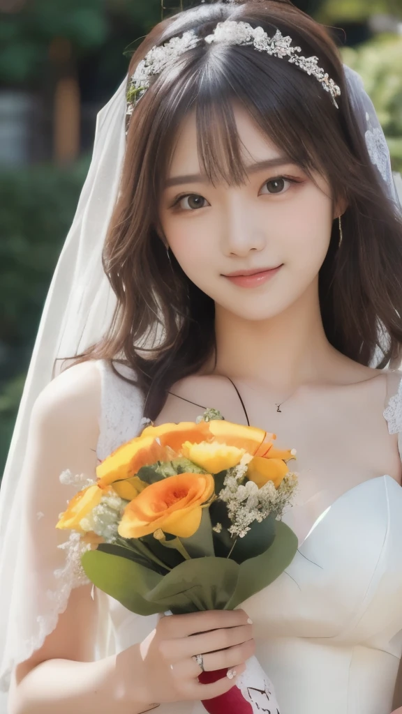 8k,Highest quality,(masterpiece:1.2),(Realistic),(Realistic:1.37),Ultra-high resolution,1 female college student,smile,Beautiful Eyes,holding the bouquet with both hands,English Garden,(((Wedding dress))),Big Breasts,Perfect body,Perfect Fingers,Professional Lighting,gravure,Detailed face and skin texture,fine grain,RAW Photos