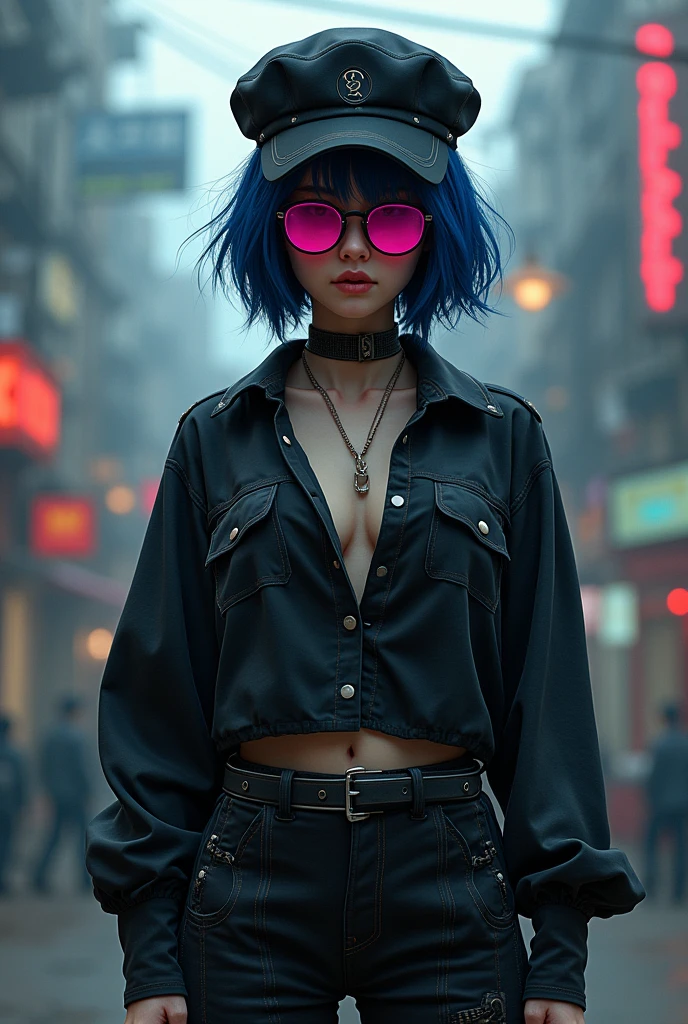 Female character dark blue hair a black drill bit cap dark pink sunglasses a black long sleeved blouse black long pants black and dark blue sleeves black hat Roxi cake 