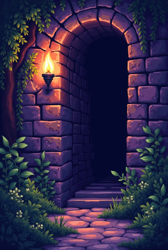 Spawns a purple wall with antiquity and vegetation and On the wall there is a torch, all this with a pixelated style, type of video game similar to the visual style of Undertale