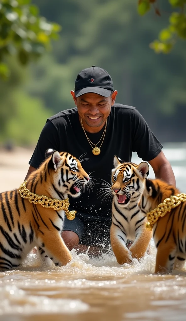An indonesian man in black t-shirt and short pant, enjoying bathing 4 tiger cubs in the summer. Wear a black baseball hat, he splash water on Tiger cubs head and look very happy and smiling happily. All Tiger cubs wears a gold chain on their neck. on the beach. Daylight