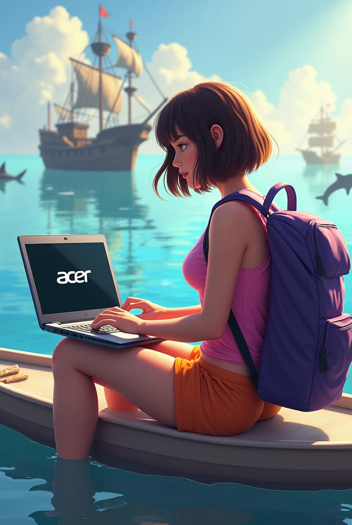 Realistic woman, sitting on boat, floating in the ocean, playing Acer laptop, acer logo on laptop, wearing pink top, orange short, purple bag pack , short bang brown hair, pirate ship and shark in background, sunlight, realistic, intricate details