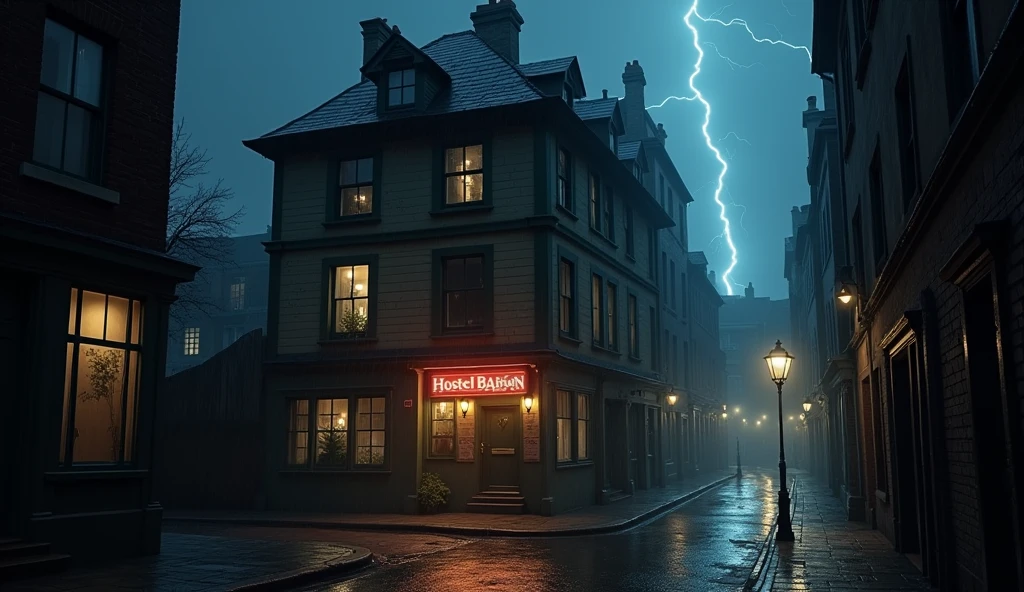 old europe street, midnight, small hostel building, two floors, text says " HOSTEL BAIRON", hostel between two big buildings, old london style, light rain, lightning, megapolis blurred lights on background