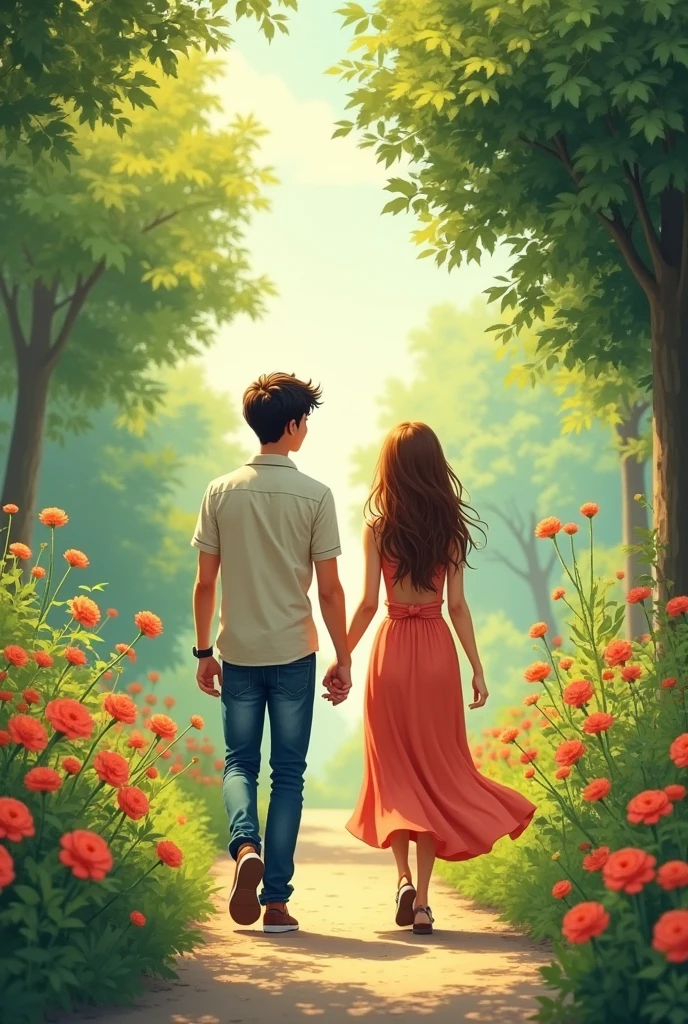 Panel 8:
(Jake and Lily hold hands and walk through the garden together, enjoying the moment.) la chica sigue con su habitual vestido largo y el chico con su camisa y jeans
Text:
Together, they walked through the garden, their hands intertwined. "Our love has conquered time," Jake commented.
Dialogue (Lily):
Lily smiled and responded: "Yes, and we will always be together, no matter the time."