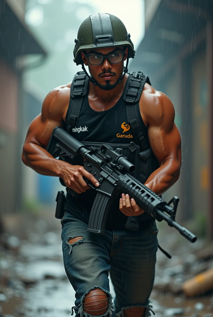 full body view, a handsome young Indonesian soldier wearing glasses, berkeringat kotor, strong body, carrying an assault rifle, wearing knee pads, tactical helmet, assault vest, black tank top with red and white small garuda logo, ripped jeans, running to find the enemy, fight theme ,display "MINGKAK" on his clothes. abandoned factory site, drizzly afternoon atmosphere, ultra HD, kulit asli tinggi dan detail hiper,