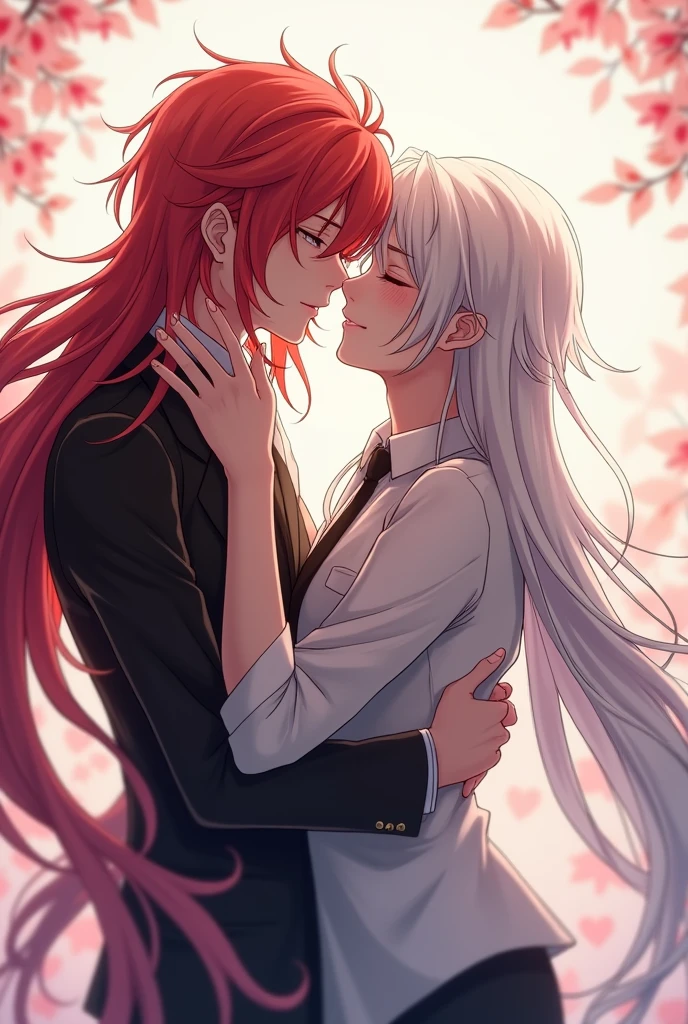 Two mens Gay anime long red haired man kissing long white haired man, sex  
