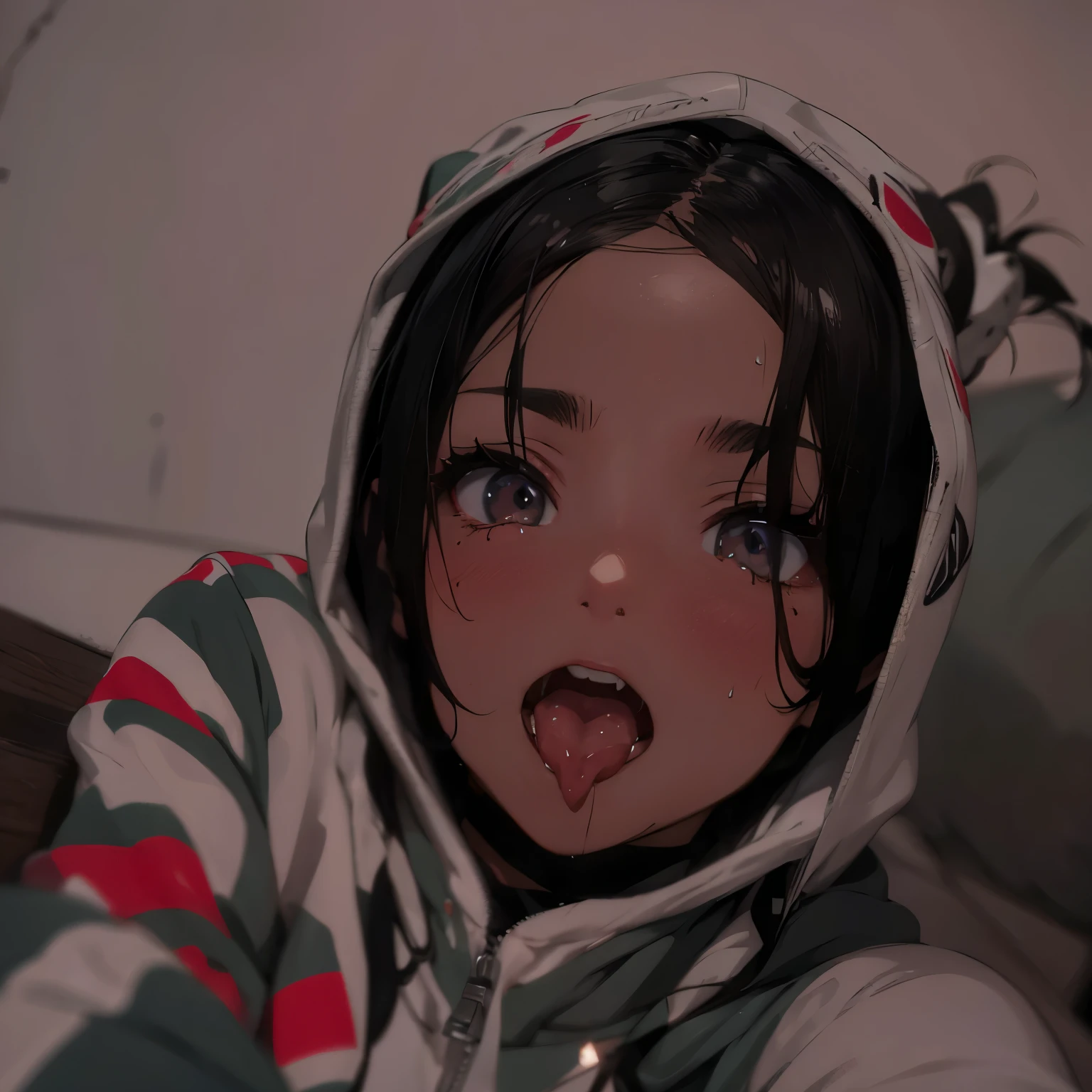 anime happy girl , Black hair, black eyes, white skin , Hoodie with its own hat , Lust and desire, tongue out of mouth, wet and sweaty body, open mouth, Hungry eyes