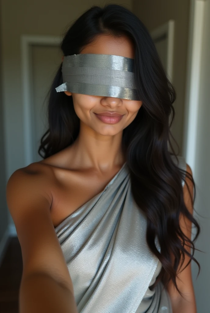 Aesthetic Indian Girl blindfolded Duct tape gagged in sexy silver shimmering prom saree Taking selfie