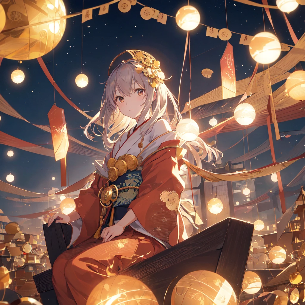 Young Japanese Woman, Captivating look。He is sitting on a floating platform in the middle of a coin-shaped sphere.. The sphere has a golden coin pattern.。Surrounded by several spheres emitting a fiery aura. Dramatic lighting illuminates the scene, Casts a deep shadow on clothing. Young people seem confident and determined, vast and mysterious。High resolution, masterpiece, Highest quality, detail, 高いdetail, Hair that falls over the shoulders, 
flame, Godley, 