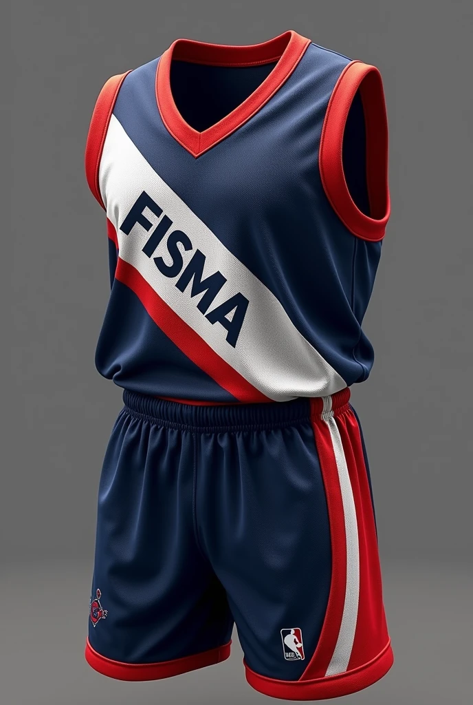 Navy blue with white and red non-NBA basketball jersey and shorts, that it is something personal and that it says FISMA on the chest, classic model, V neck