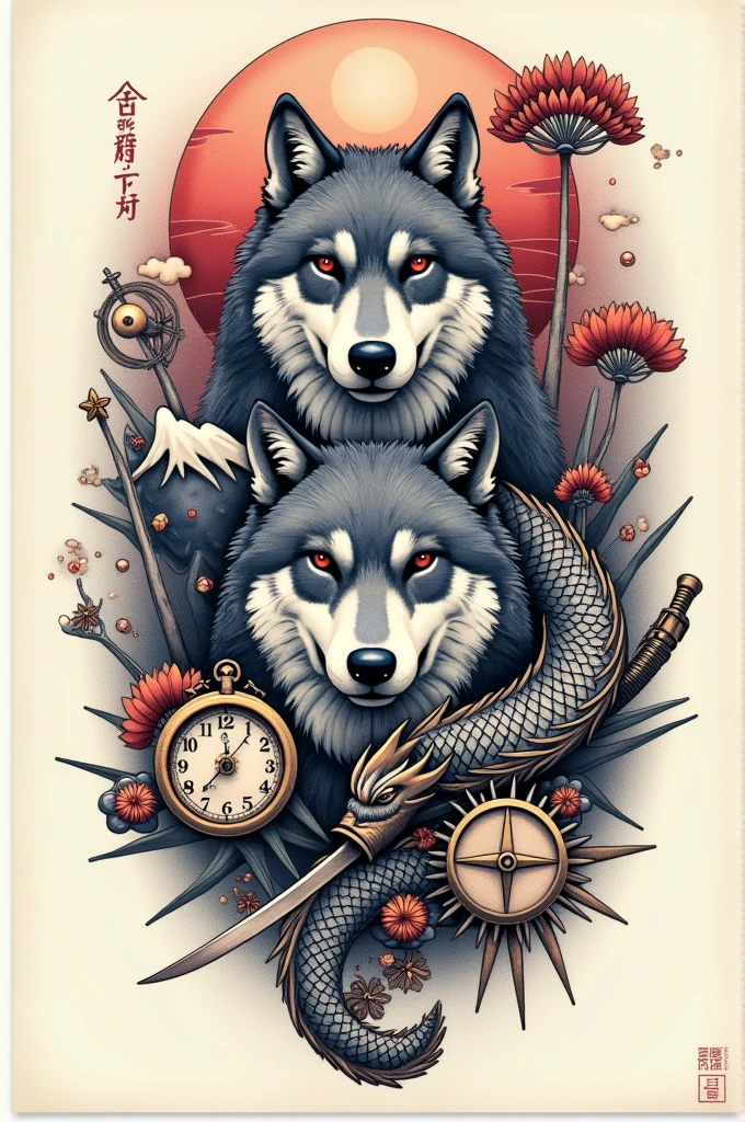 Tatouage Loup +lune +mont fuji+dragon avec katana+rose des vents+montre a gousset+etrier de frein de voiture de sport avec sa jante+shaker et cocktail+never give up +tout les element relié par des engrenage steampunk
