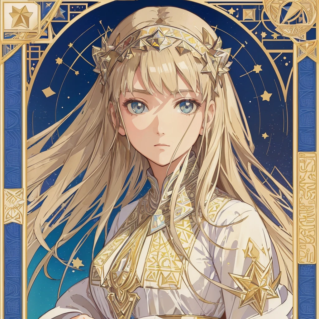 1 girl, (masterpiece, highest quality, highest quality, beautiful and aesthetic: 1.2), (1 girl: 1.3), delicate clothing, square picture frame, ((face)), sharp pupils, cool face, Alphonse Mucha's, Traditional Arab dress, color hairstyle, Ultra-detailed, Soft Light, Gentle colors, solo, dynamic, (((geometric star patterns in the background)))