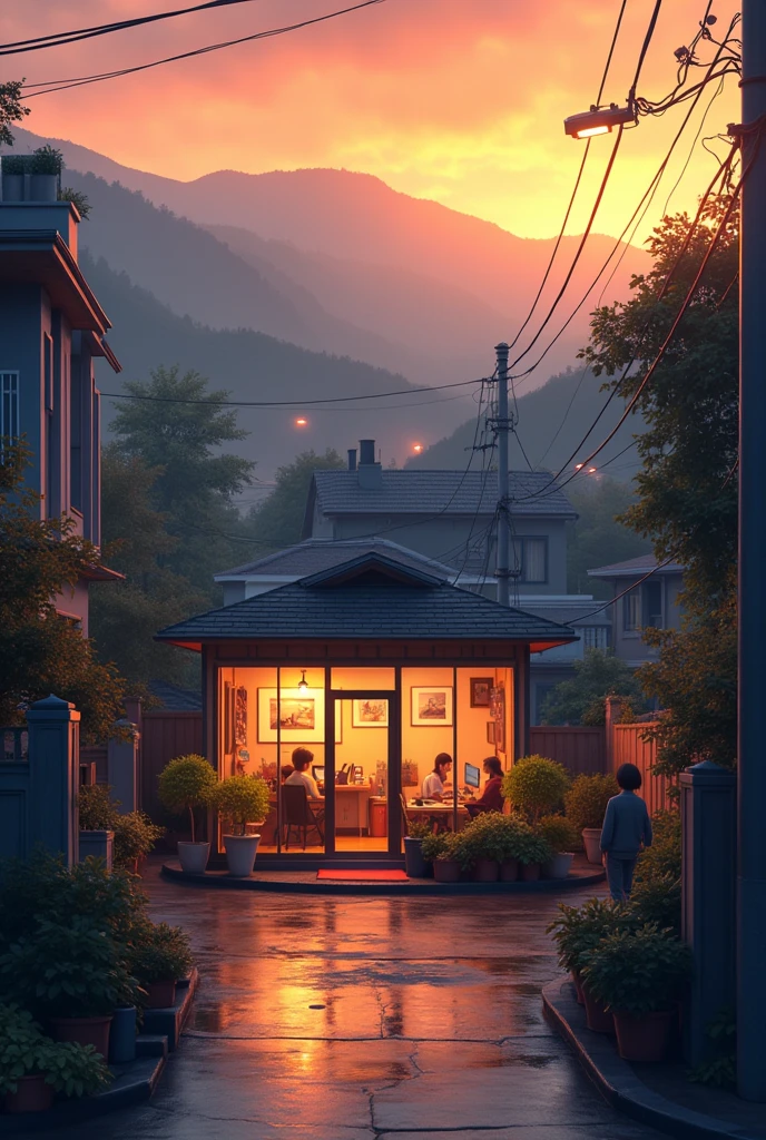 Small Graphic design office in city street ,with grenaey hill background, orange evening sky rainy water on road