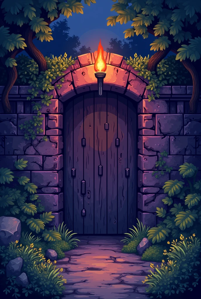 Spawns a purple wall with antiquity and vegetation and On the wall there is a torch, all this with a pixelated style, type of video game similar to the visual style of Undertale