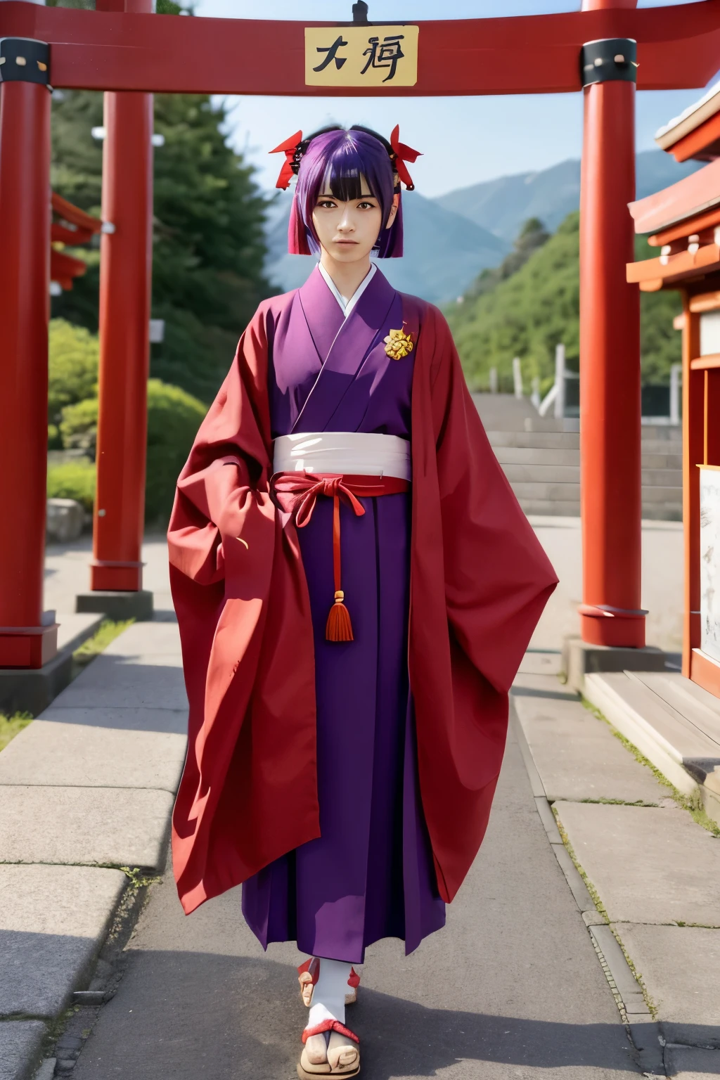 human、anime、Game-themed male with purple hair and red eyes、She is wearing a red hakama, which looks like a shrine maiden outfit.（Length up to the ankles）It looks like a male version of Reimu Hakurei&#39;s outfit. She has a cleaning stick in her hand.（Something used at shrines）And the Ofudasho are brown boots.