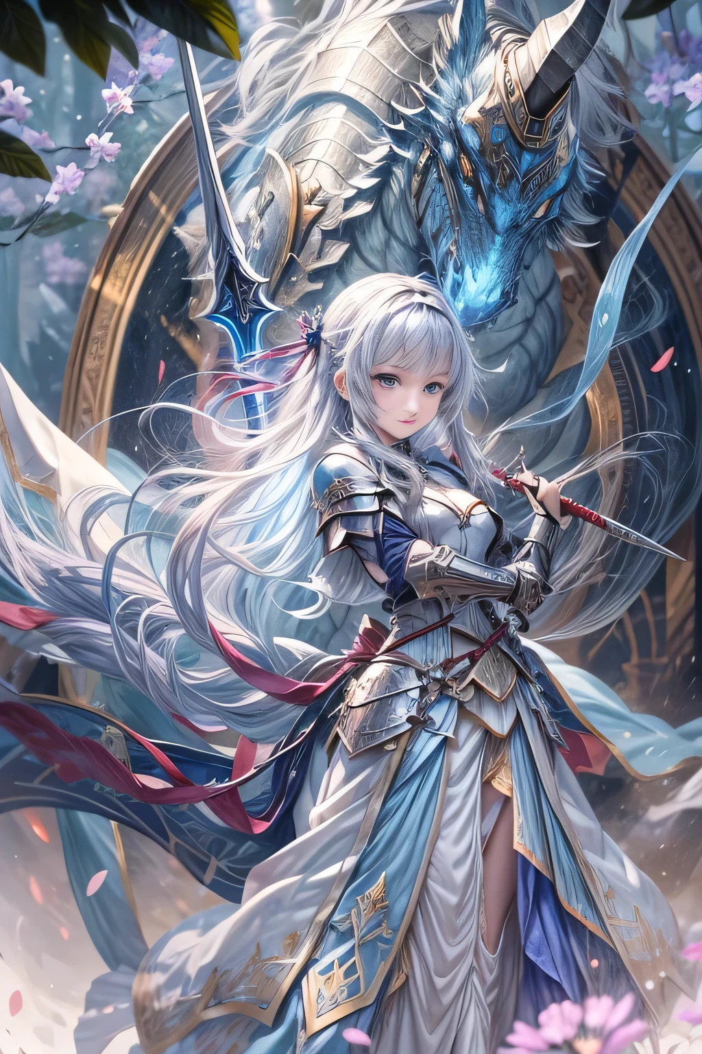 A female knight recognized by the legendary holy sword Excalibur、With the protection of the spirit of light, it emits an aura of light.、8k.Half Russian and half Japanese、Russian face、beautiful girl、princess、、Small face、Young face、Big eyes、Skinny、Small breasts、(((Silver Hair、Silver Hair)))、With bangs、(((High resolution big beautiful light blue glowing eyes, )))、Shortcuts、Bobcut、(((Red ribbon in hair、Floral decoration)))、Partially braided、Transforms into an armored knight at the call of the holy sword Excalibur.、Large sword、A holy sword that emits a pale blue light、((god々He holds up his sword, shining a deep blue, to the sky.))、god々A sword that shines brilliantly、fantasy landscape、Fantasy、(Battle with the Dark Knight、Fighting the Demons、Fighting the beastmen)A dragon knight riding a flying dragon through the sky