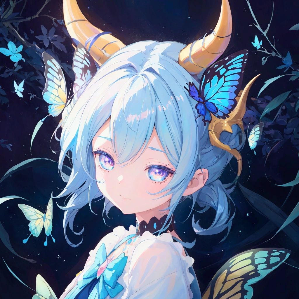 anime girl with horns and a blue dress holding a butterfly, cute detailed digital art, adorable digital painting, cute digital art, beeple and jeremiah ketner, a beautiful artwork illustration, loish van baarle, girl design lush horns, cute detailed artwork, loish |, beautiful digital artwork, exquisite digital illustration, cute art style, stunning digital illustration