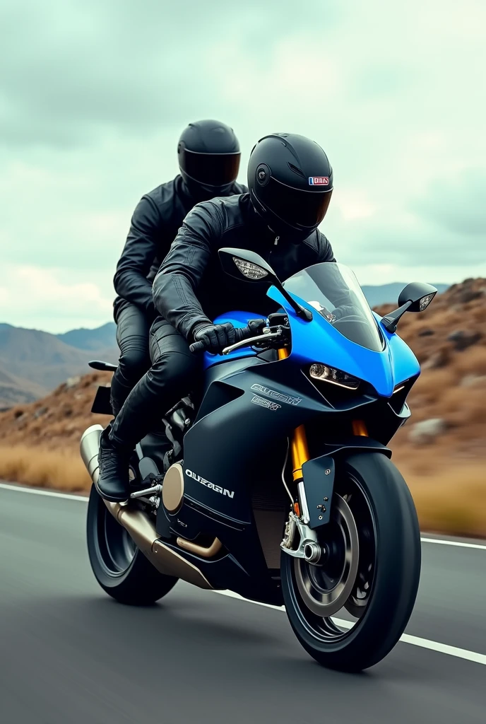 A man riding a black Ducati Panigale V4 with blue details and a passenger on the back, both in motorcycle gear and helmet.