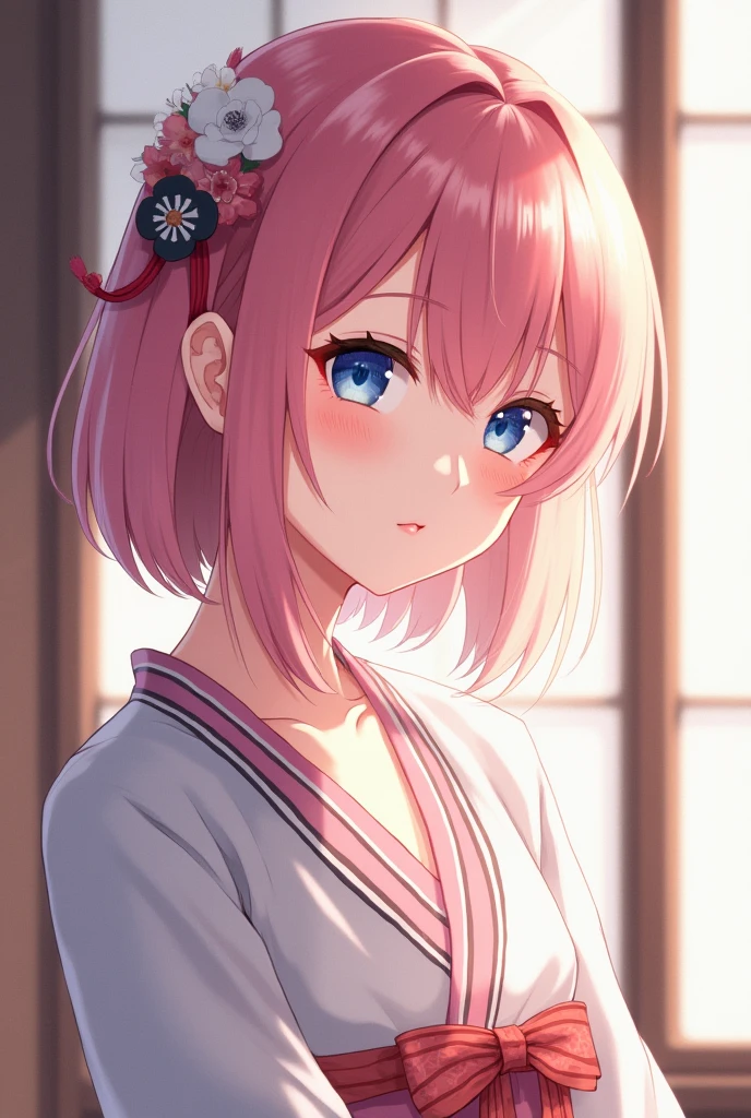 (finely detailed beautiful eyes and detailed face,masterpiece sidelighting,masterpiece,Best Quality,detailed,high resolution illustration),, (1 girl,whole body,bishoujo,shiny skin,looking down,looking at the viewer),, (pink hair,blue eyes,Love,Hanboks, Korean clothes), (dress_under bust:1.2),under the chest,