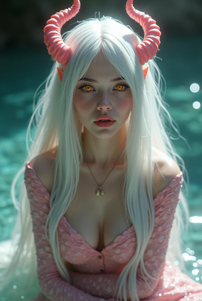 White straight hair, a sweet siren with yellow eyes and natural pink scales on her body. Let it have pink horns.