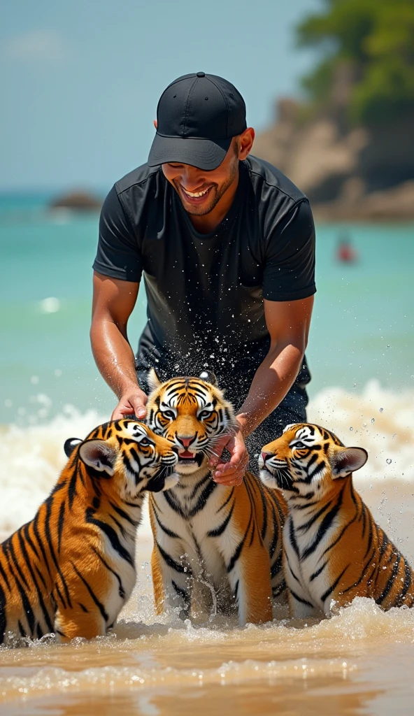 An indonesian man in black t-shirt and short pant, enjoying bathing 4 tiger cubs in the summer. Wear a black baseball hat, he splash water on Tiger cubs head and look very happy. All Tiger cubs wears a gold chain on their neck. on the beach. Daylight