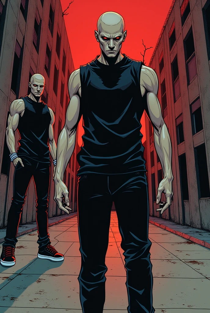 Manhwa comic page with multiple scenes, HQS, sleeved, kor: 22 years Appearance: tall and slim, but surprisingly strong, has his head shaved, without even a strand of hair.enhances your intense red eyes, that seem to penetrate the soul of those who look at them.outfit: Always dressed in black from head to toe, he wears sneakers, calça e camisa de sleeved curta que combinam perfeitamente com seu estilo Manhwa brasileiro, giving it an enigmatic and intimidating air.