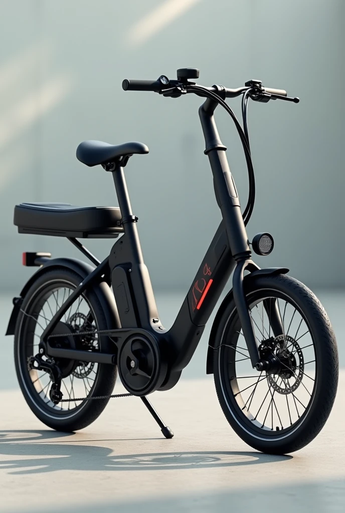 A slim electric bicycle made of carbon material, with a smart display that provides information about the bike, routes, and modes, similar to a tablet. The bike has a small solar panel on the front.. Es multifuncional y adecuada para todo tipo de routes, adaptable for up to two people with an additional cushion in the back. besides, The bike can be folded in half at the center for easy portability
