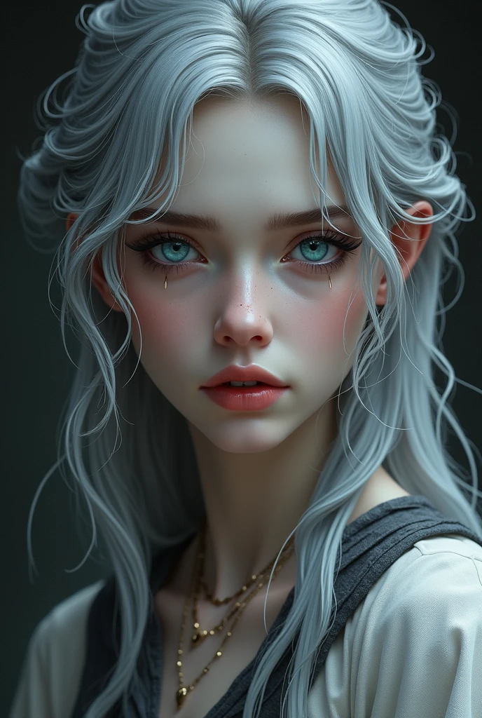 Edura's face is a portrait of both elegance and sorrow. Her skin, though pale from days of confinement, retains a delicate fairness that hints at her once-cherished beauty. High cheekbones and a finely shaped jawline give her face a refined structure, softened by a look of weariness and quiet strength.
Her eyes are strikingly blue, like deep, tranquil lakes, reflecting both her inner turmoil and an enduring spirit. They hold a weariness that comes from her suffering but are also sharp with a flicker of determination. They seem to search the shadows of her predicament, constantly assessing and planning her next move.
Her silver hair, though once radiant, now falls in disarray around her shoulders. The strands, which should have shimmered with a luminous sheen, are now tangled and dulled by neglect. The silver color still catches the faint light, giving her an almost ethereal glow, but the disarray of her hair speaks to the hardships she has endured. Despite its state, there is a certain understated beauty in its natural, unkempt state—a testament to her resilience and the passage of time.