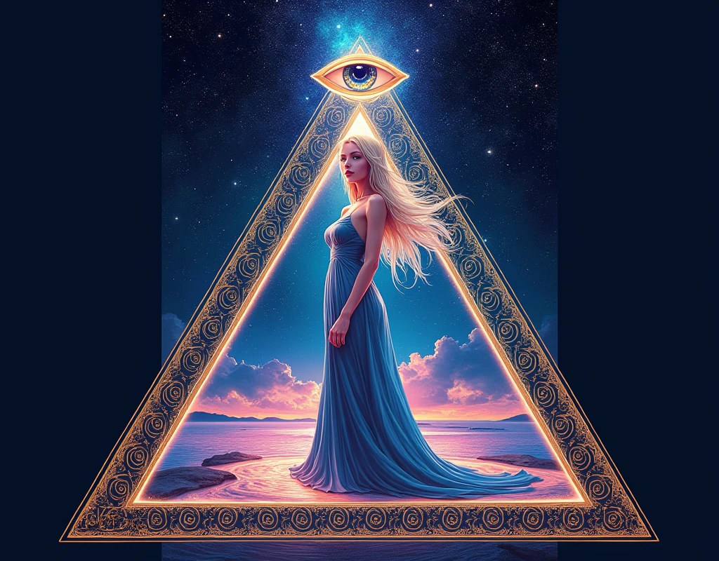 label for beer "MONJE OF SKY": central character: A pretty woman, 200cm tall wide hips, beautiful and blonde in an elegant dress, barefoot looking at the camera. Symbolic Element: The woman is located inside an equilateral triangle, that stands out in the design. bottom: A starry night sky, using bright colors , fluoride and clear. Mystical element: in the sky, There is a second smaller equilateral triangle with an eye in the center (in the style "All-seeing eye"). masterpiece