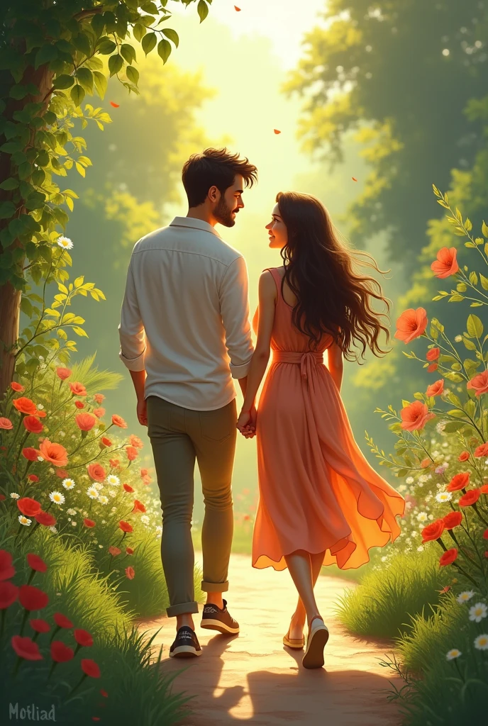 Panel 8:
(Jake and Lily hold hands and walk through the garden together, enjoying the moment.)
Text:
Together, they walked through the garden, their hands intertwined. "Our love has conquered time," Jake commented.
Dialogue (Lily):
Lily smiled and responded: "Yes, and we will always be together, no matter the time."