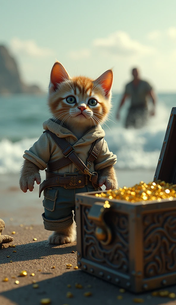upright,3d,kitten,Dirty clothes,Homeless,3d,Men and driving,Journey、Ocean,Treasure Chest,money,gold,treasure,find,surprise