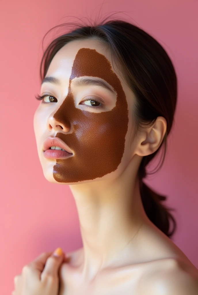 Creative and aesthetic Shoot with pink or white background of female model with applied coffee mask on half face