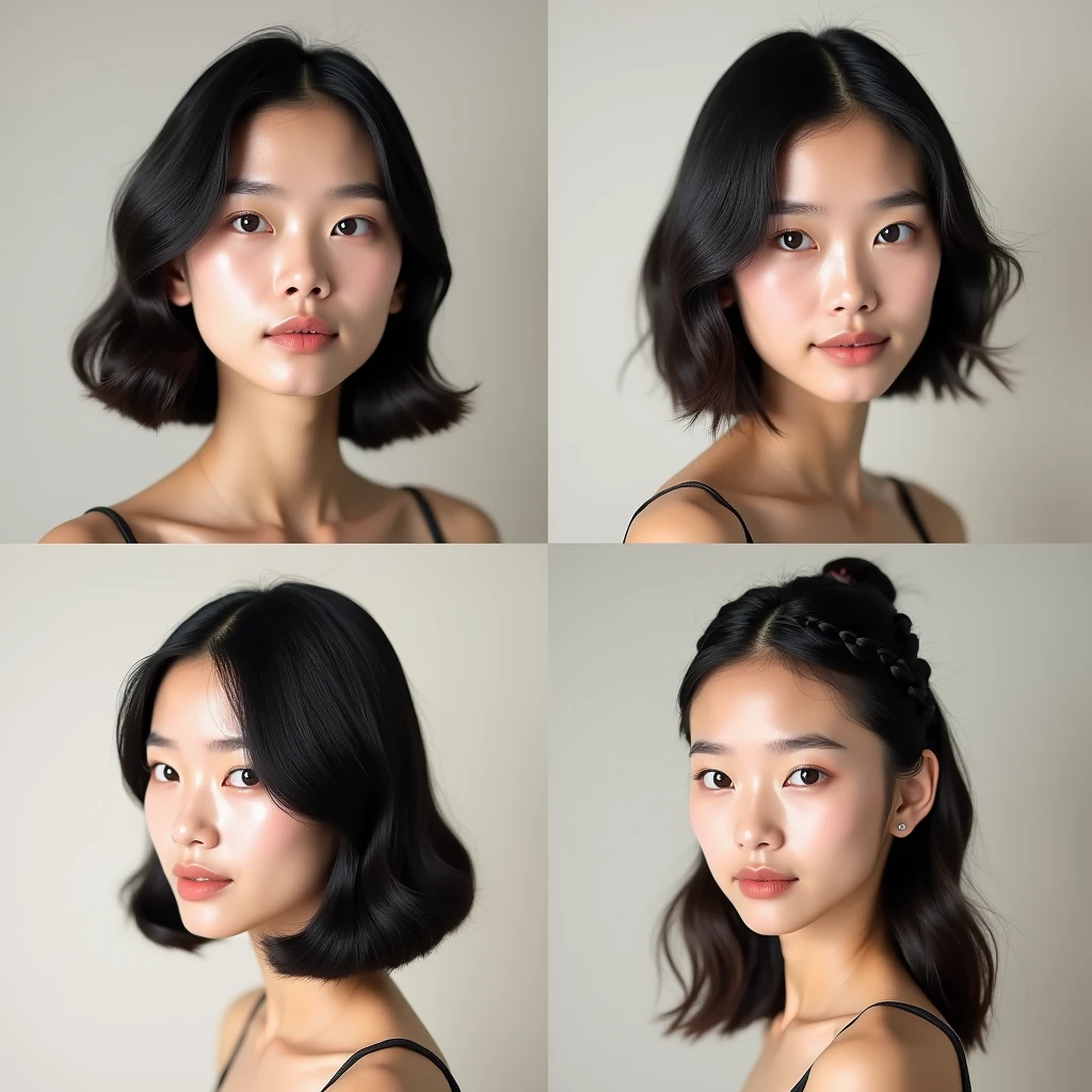 The image is a collage of four photos of a young asian woman with different hairstyles, same face, thin face.