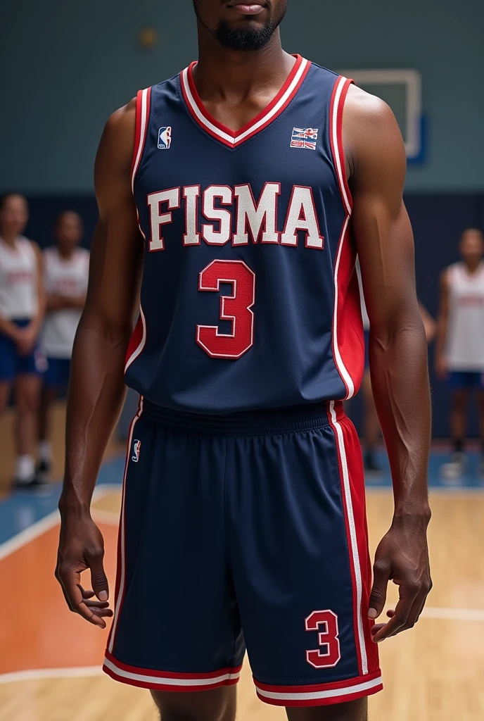 Navy blue with white and red non-NBA basketball jersey and shorts, that it is something personal and that it says FISMA on the chest, classic model, V neck