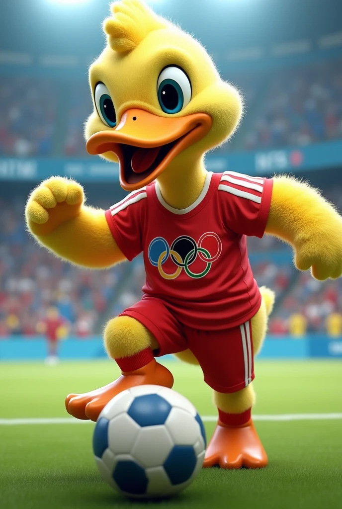 Olympic mascot that is an adult duck wearing a football shirt and playing