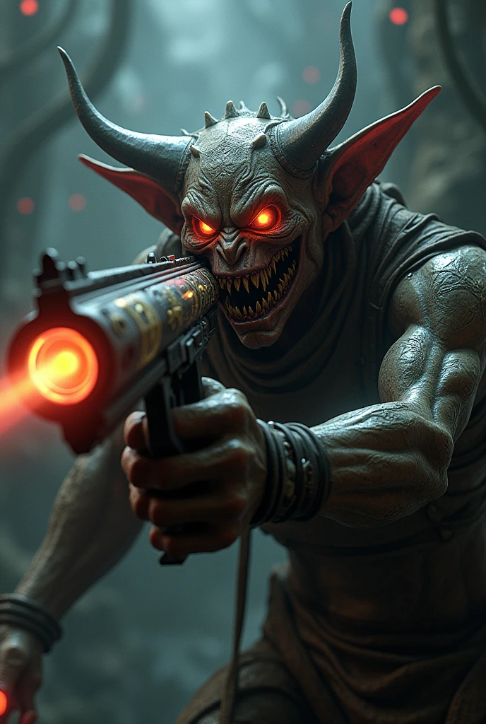 demonic creature with teeth mixed with a large devilmaycry style pistol