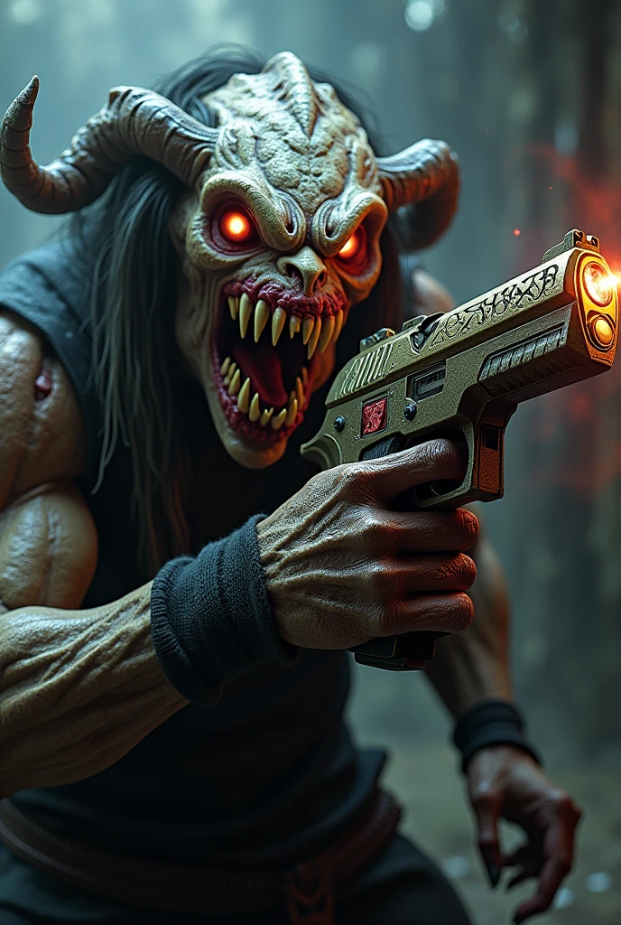 demonic creature with teeth mixed with a large devilmaycry style pistol 