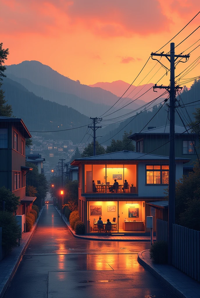 Small Graphic design office in city street ,with grenaey hill background, orange evening sky rainy water on road