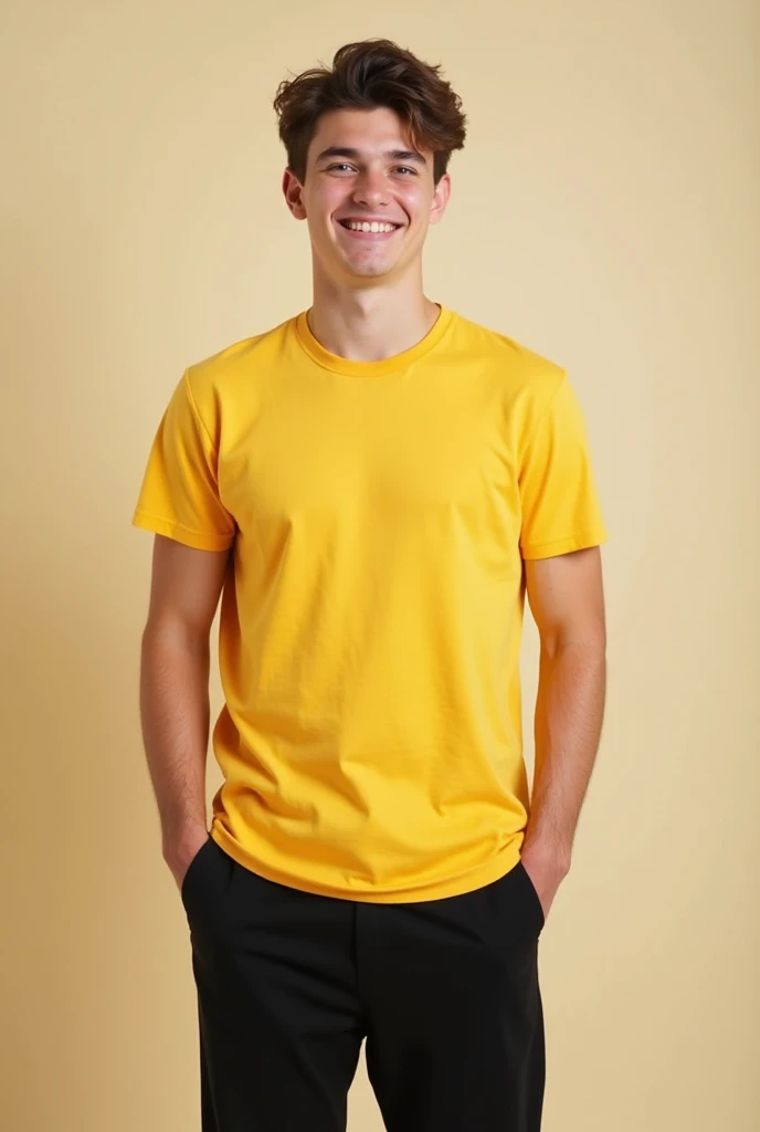 Create an image in which a boy is standing and he is wearing a yellow coloured t-shirt and black coloured pants. The boy is 20 years old. The boy is standing in the center of the image.