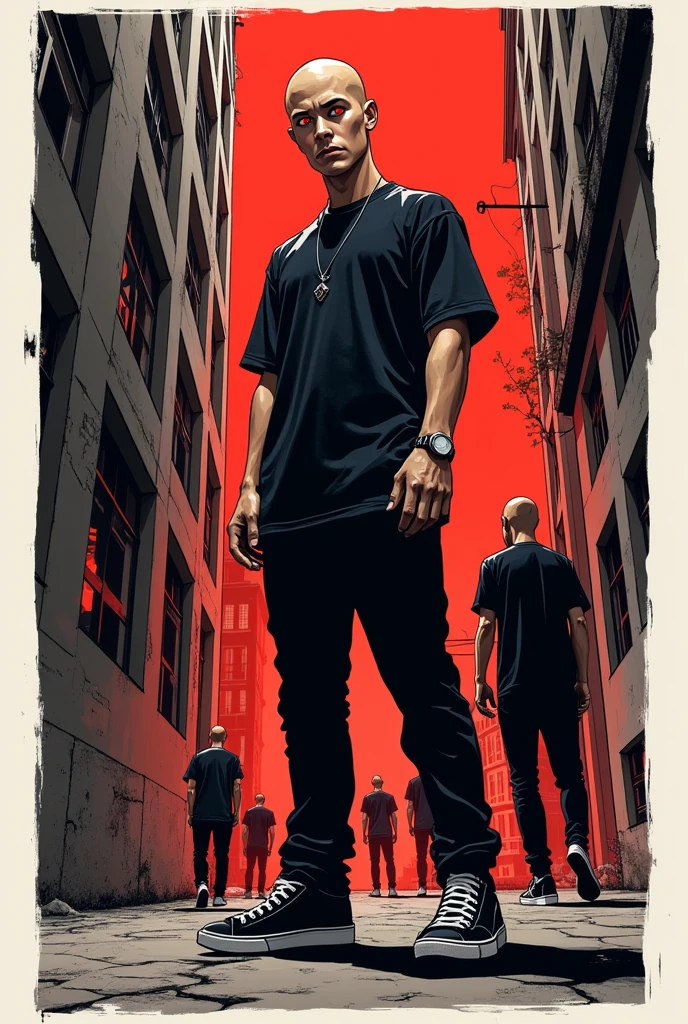 Manhwa comic page with multiple scenes, HQs e manga. kor: Age 22. Appearance: tall and slim, but surprisingly strong, with a completely shaved head. His intense red eyes seem to penetrate the soul of those who look at them.. outfit: Always dressed in black from head to toe, Wears sneakers, Short-sleeved pants and shirt, all perfectly matching your Brazilian Manhwa style, giving it an enigmatic and intimidating air. neatly drawn.